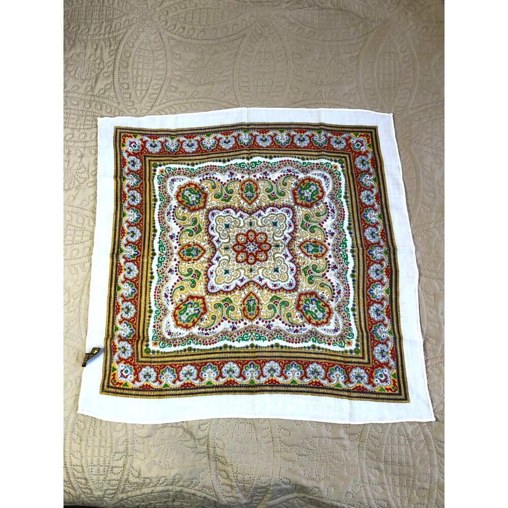 Vtg 70s Virgin Wool Scarf Japan Paisley Floral Hand Printed 25" Sq Fairy Grunge